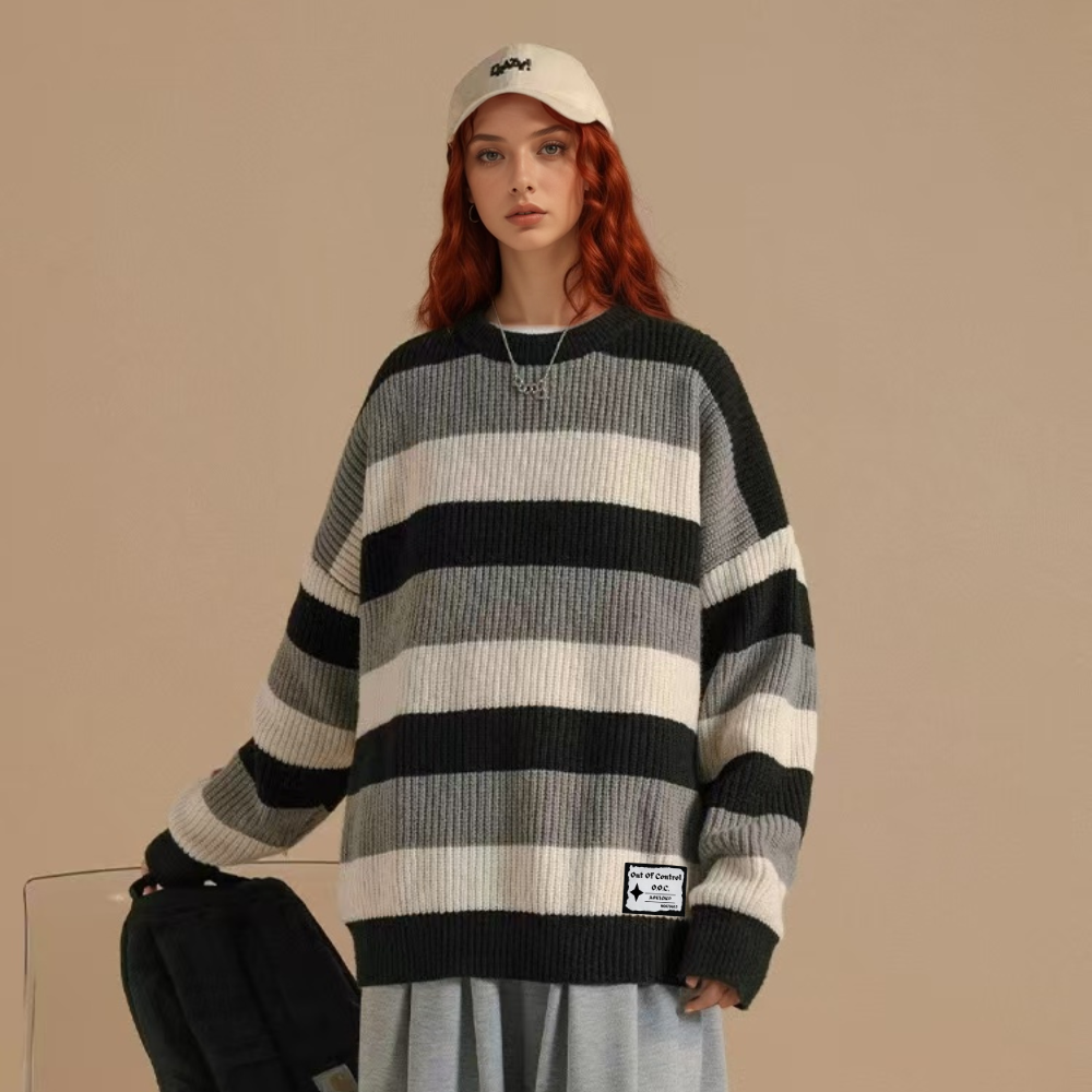 OOC' Retro Three-Color Patchwork Striped Knitted Sweater