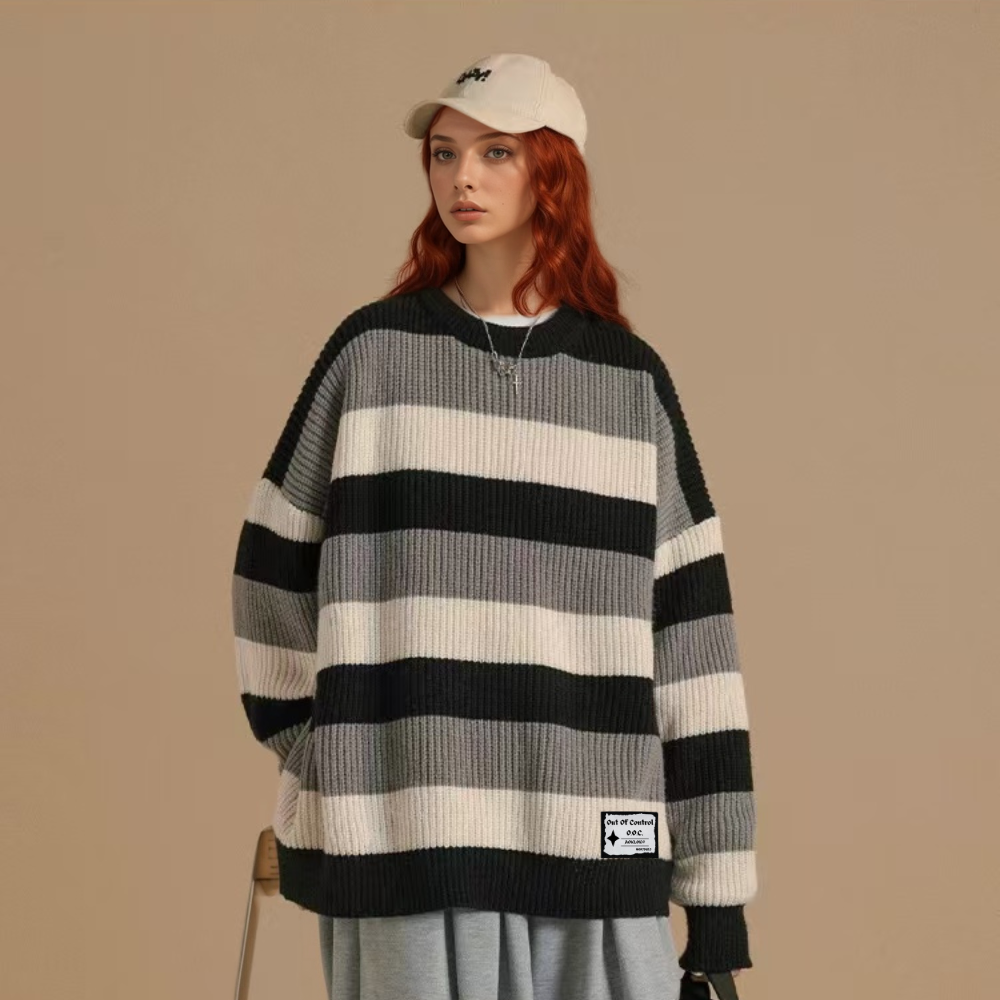OOC' Retro Three-Color Patchwork Striped Knitted Sweater