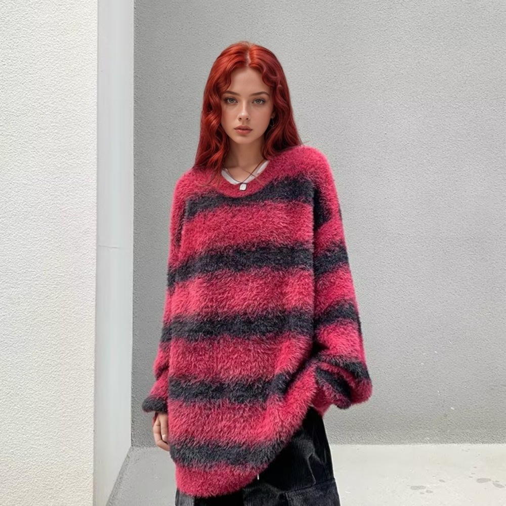 OOC' Retro Two-Color Stitching Ink-Splatter Striped Knitted Sweater