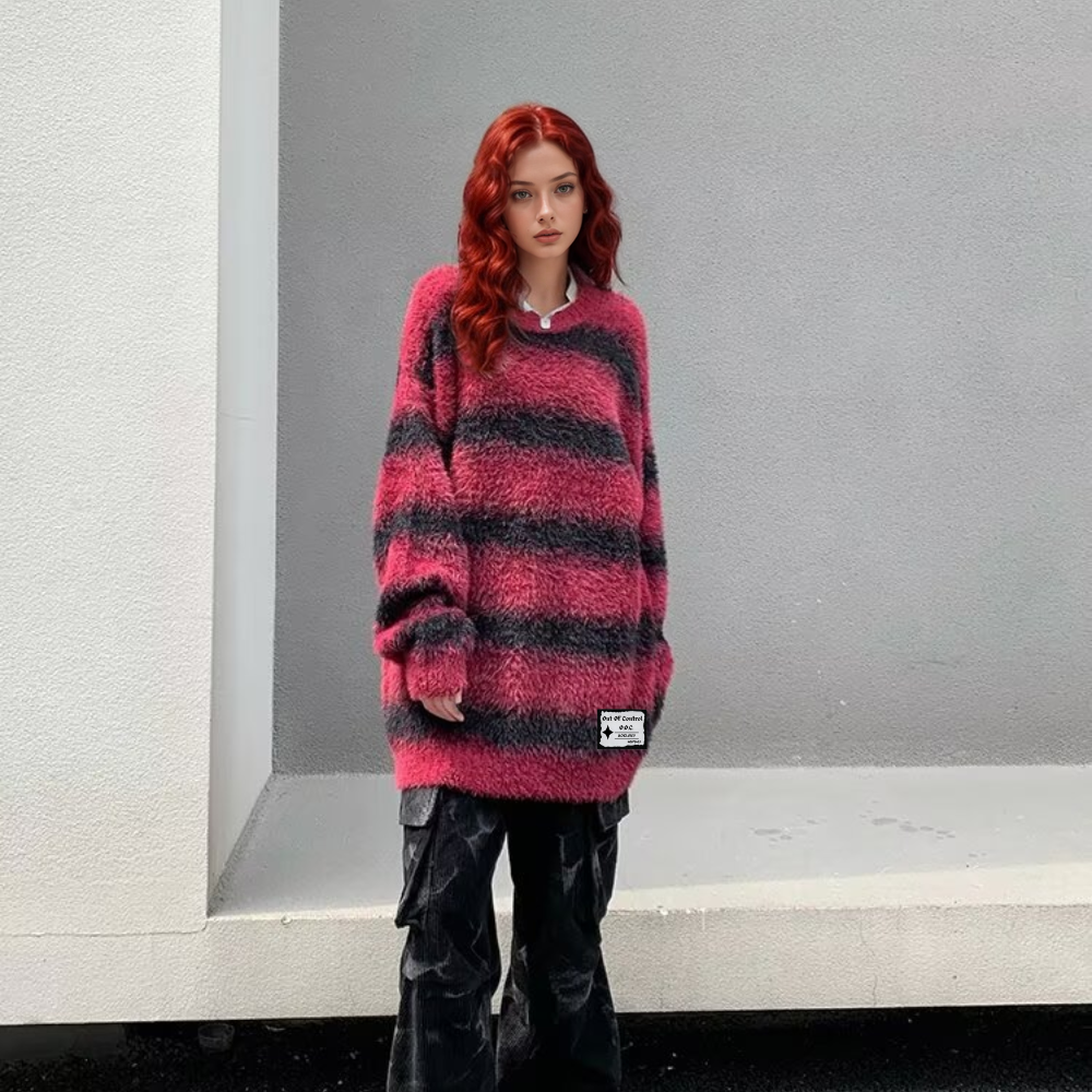 OOC' Retro Two-Color Stitching Ink-Splatter Striped Knitted Sweater