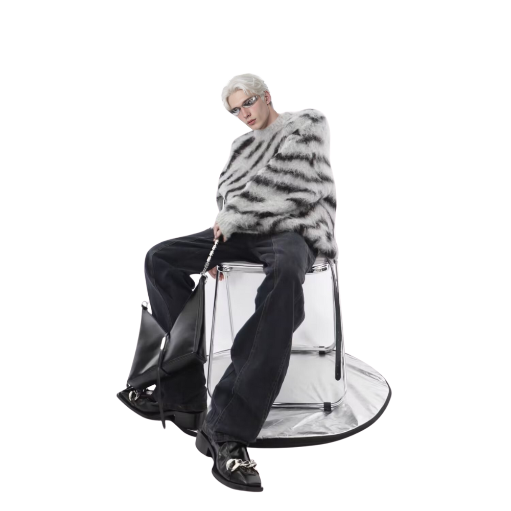 OOC' Irregular Contrast Zebra Striped Loose Knitted Sweater