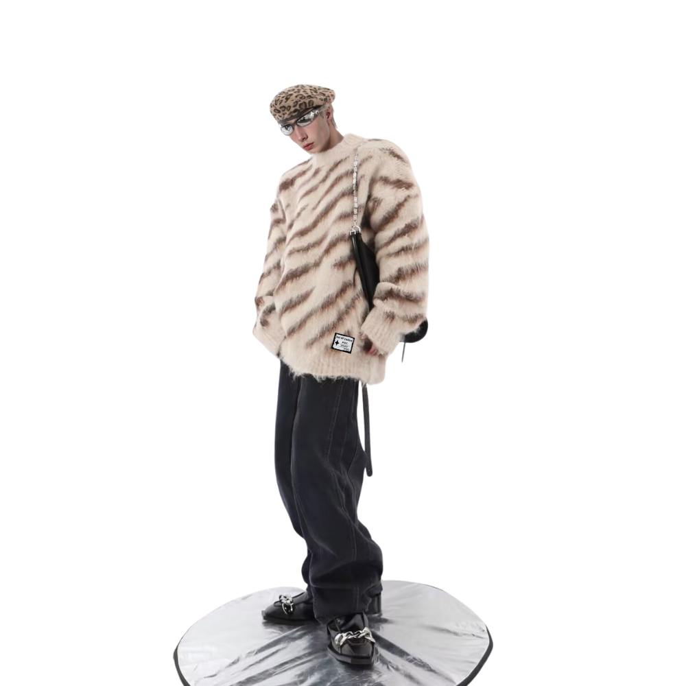 OOC' Irregular Contrast Zebra Striped Loose Knitted Sweater