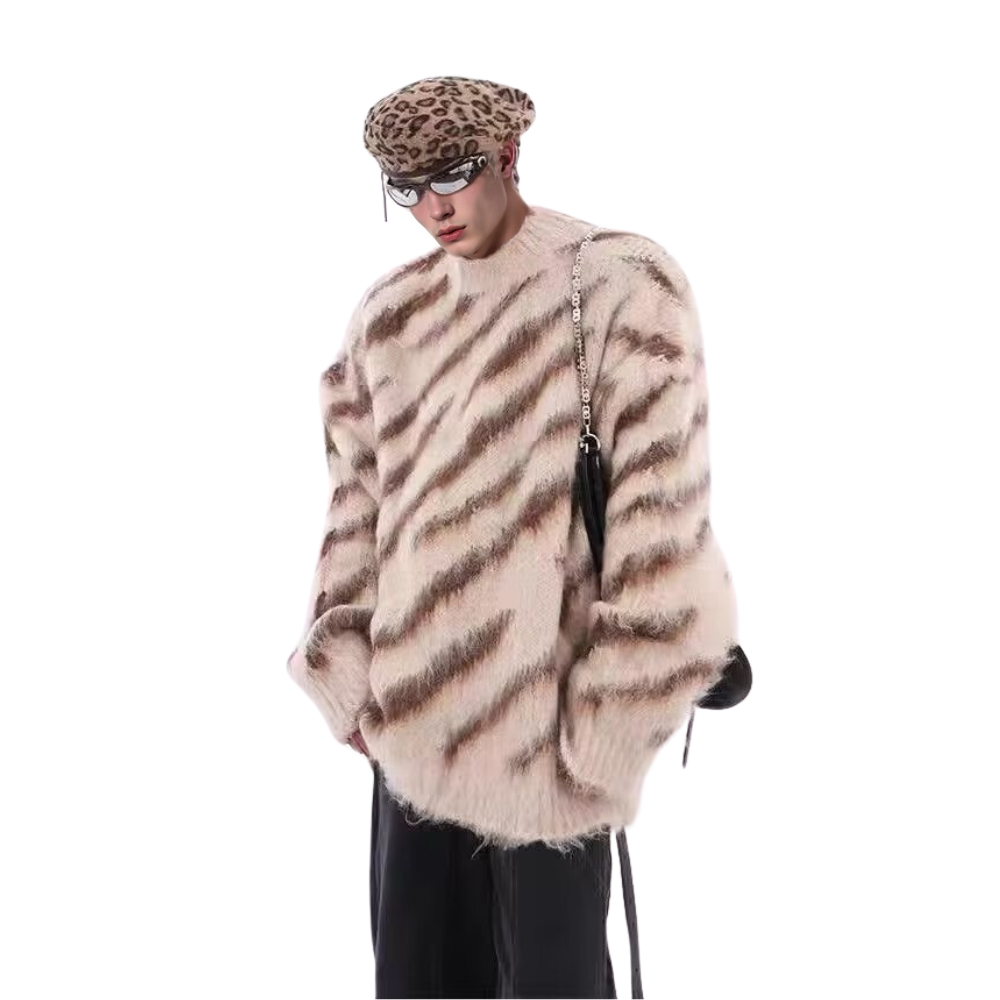 OOC' Irregular Contrast Zebra Striped Loose Knitted Sweater