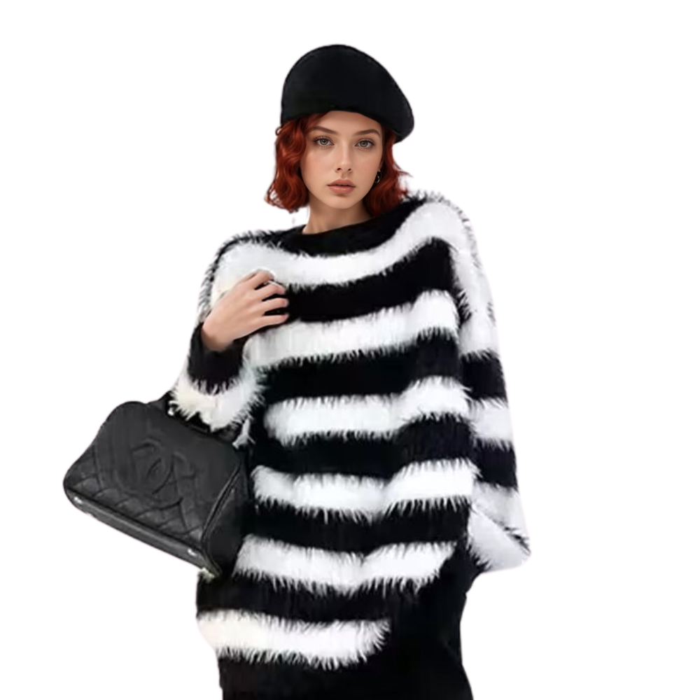 OOC' Colorblock Striped Faux Mink Sweater