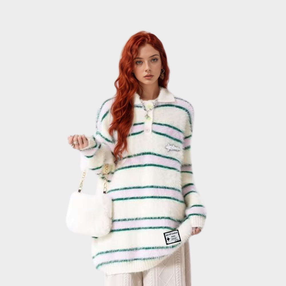 OOC' Vintage Loose Mink Polo Collar Striped Sweater