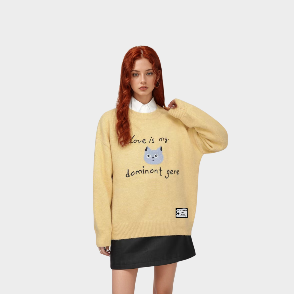 OOC' Cute Kitten Embroidered Letters Knitted Sweater