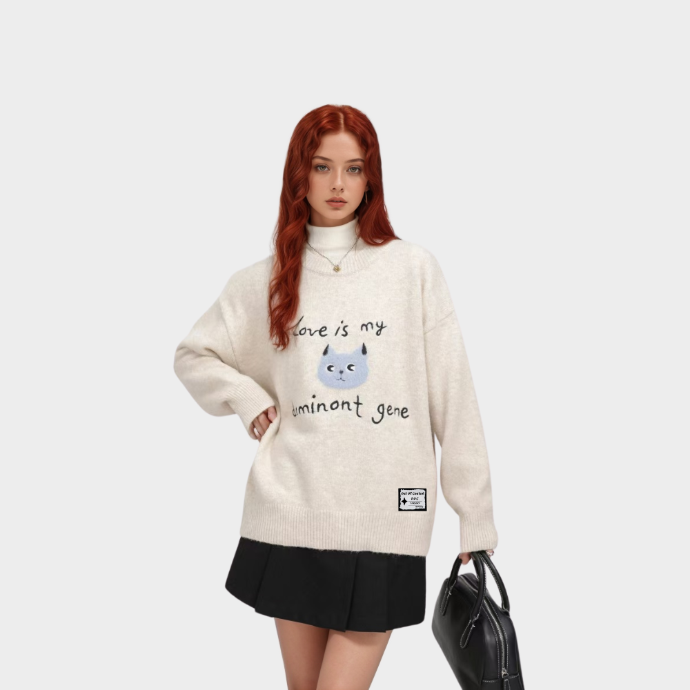 OOC' Cute Kitten Embroidered Letters Knitted Sweater