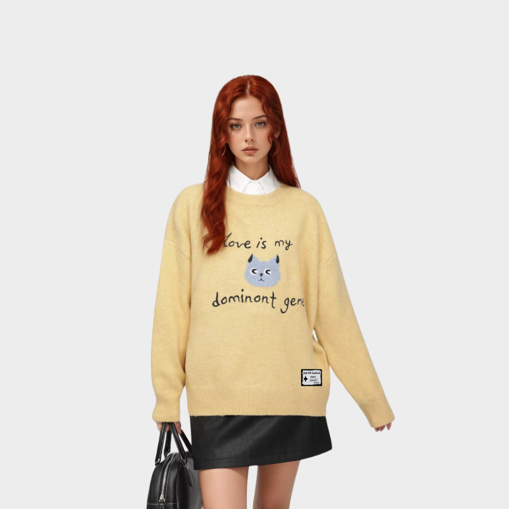 OOC' Cute Kitten Embroidered Letters Knitted Sweater