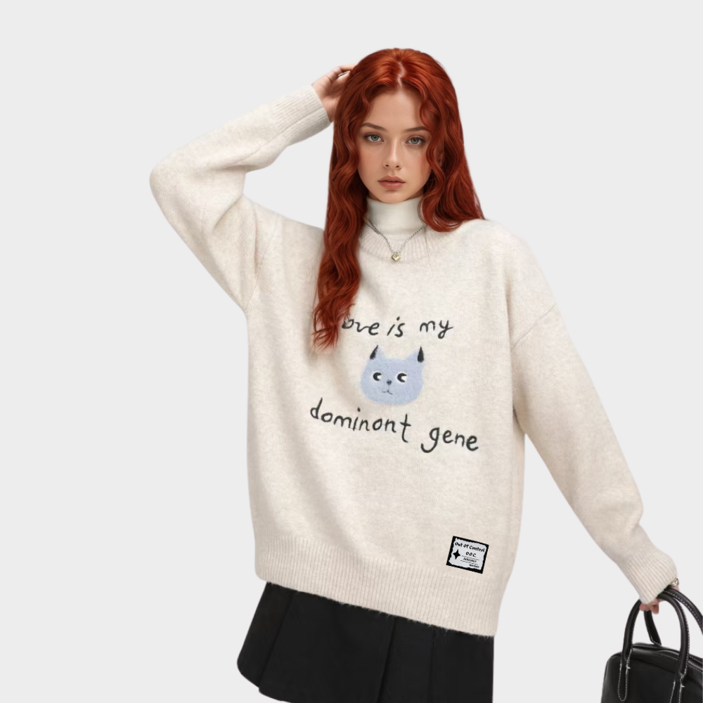 OOC' Cute Kitten Embroidered Letters Knitted Sweater