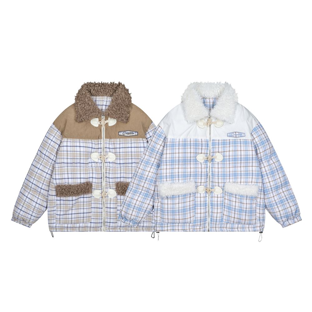【NOW TREND】Plaid Button Lambskin Collar Coat