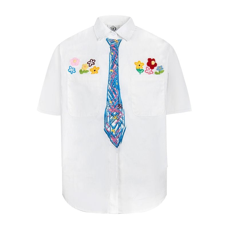 Flower embroidery tie graffiti shirt