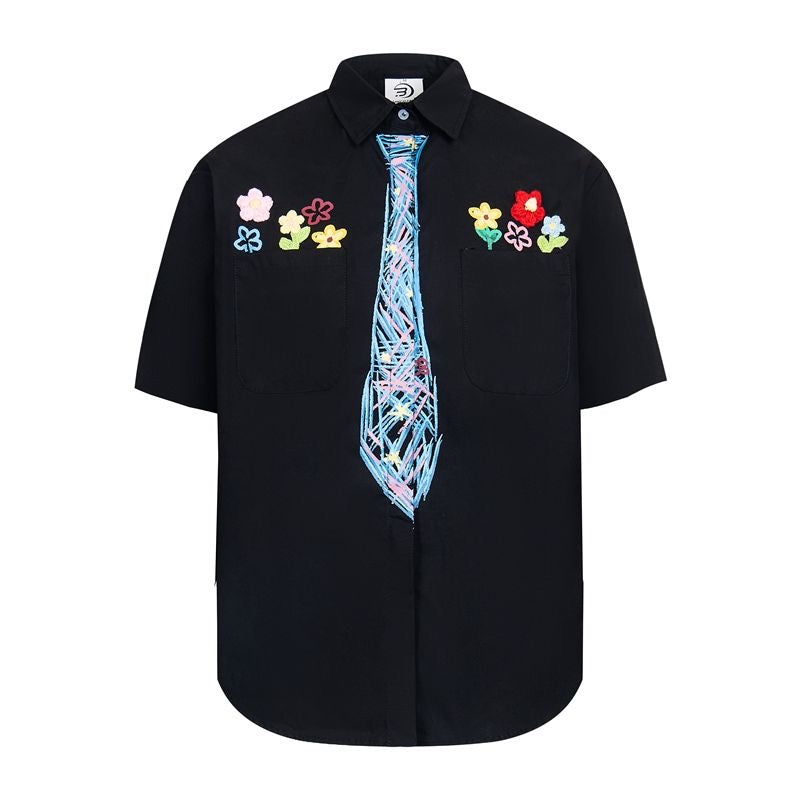 Flower embroidery tie graffiti shirt