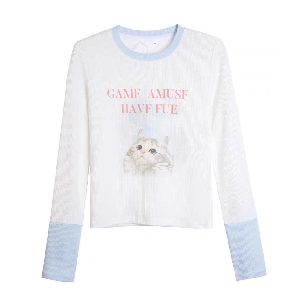 Women's Hot Girl Cat Print Long Sleeve Shirt