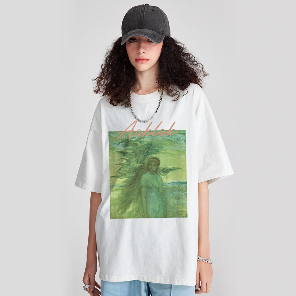 Pure Cotton 260G Oil Painting Girl Print T-Shirt
