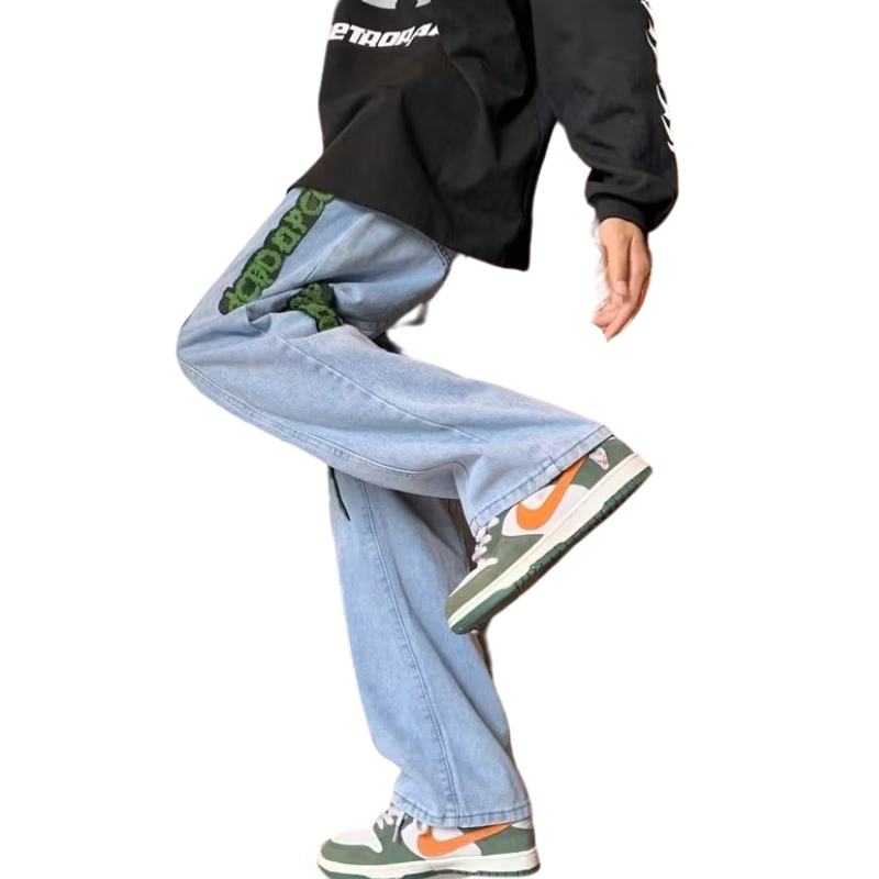 High Street Towel Embroidery Straight Leg Jeans