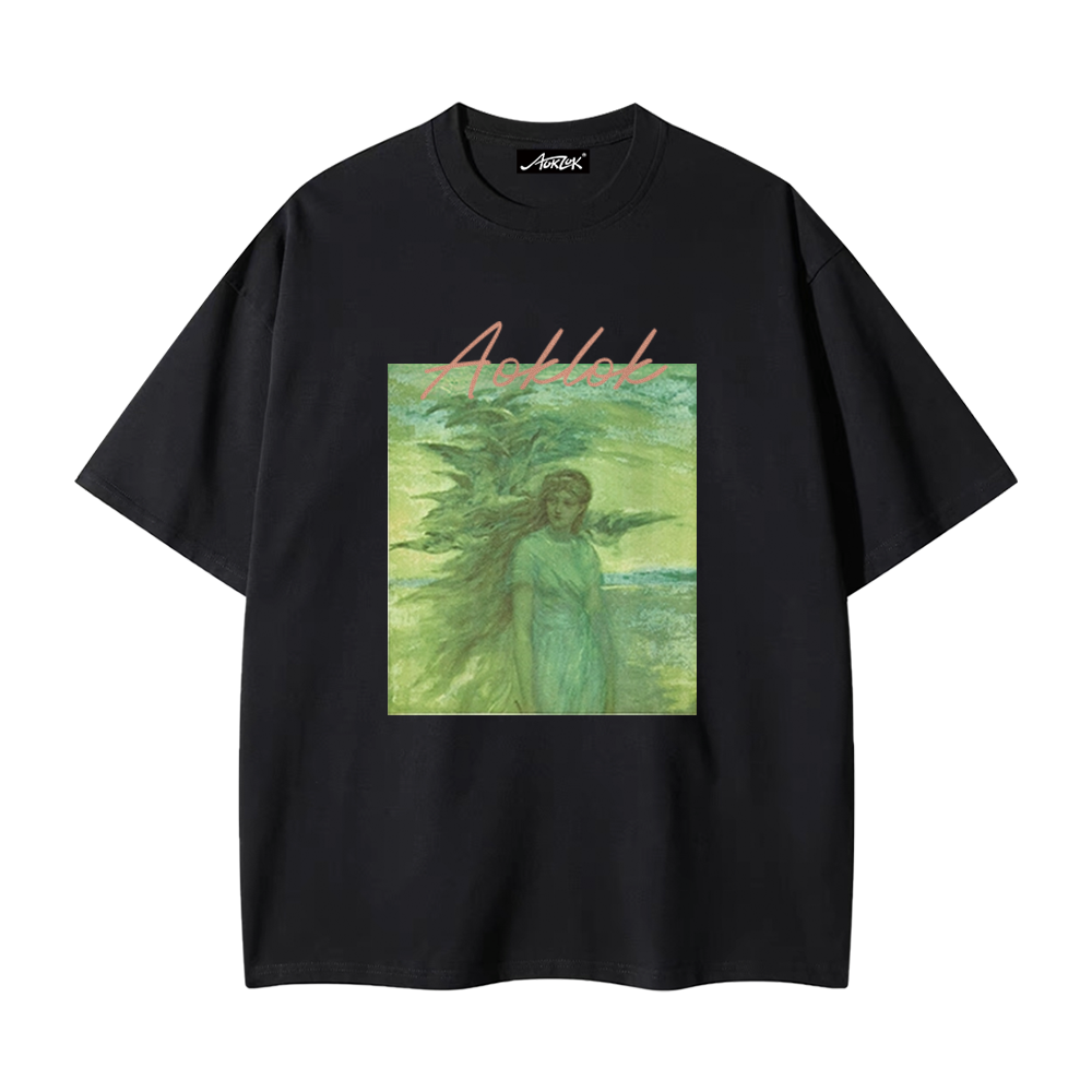Pure Cotton 260G Oil Painting Girl Print T-Shirt