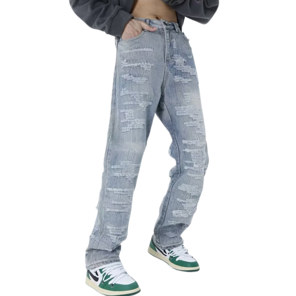 Urban Street Solid Ripped Straight Leg Jeans