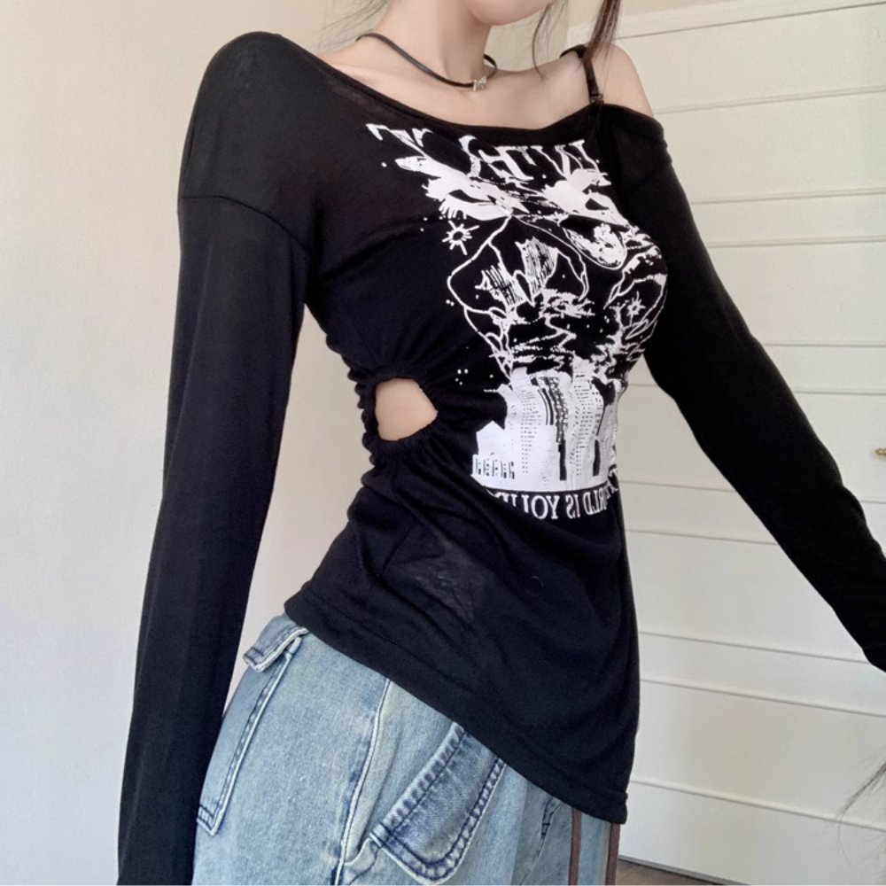 Women's Sexy Hollow One Shoulder Long Sleeve