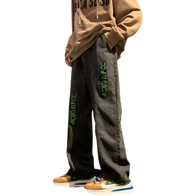 High Street Towel Embroidery Straight Leg Jeans