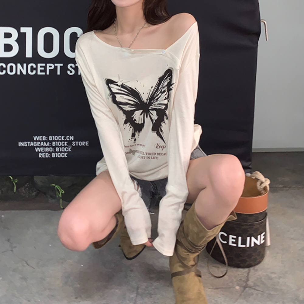 Women's Lazy Butterfly Print Long Sleeve Shirt
