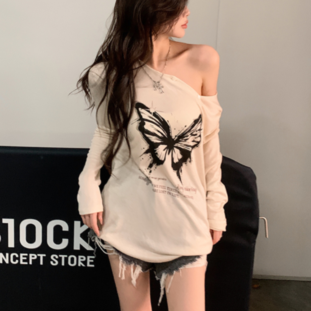 Women's Lazy Butterfly Print Long Sleeve Shirt