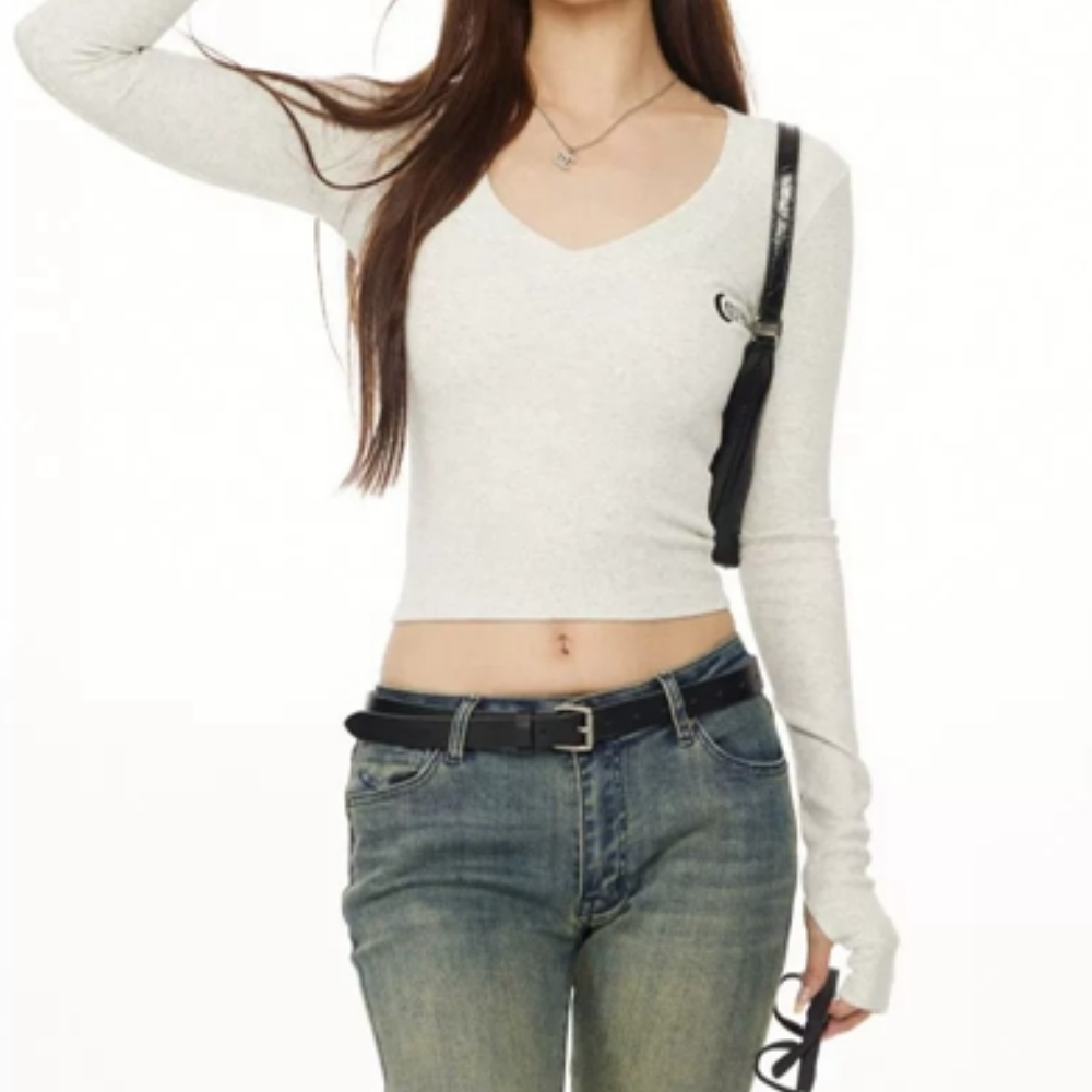 Women's Solid Color Embroidered Cropped Long Sleeve