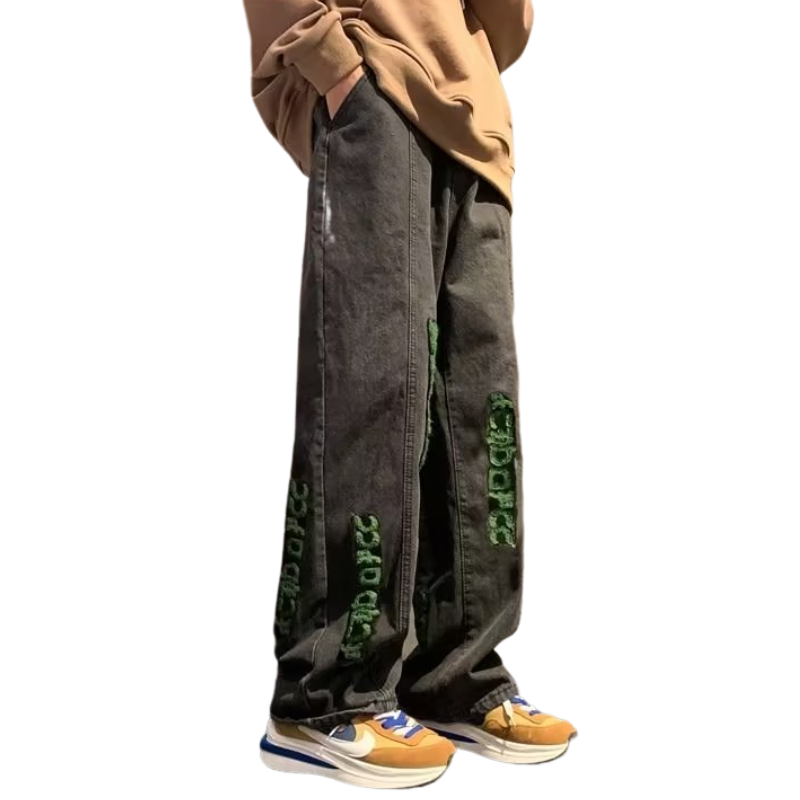 High Street Towel Embroidery Straight Leg Jeans