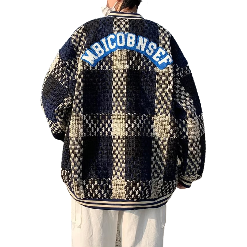 Street Oversize Woven Plaid Varsity Jacket