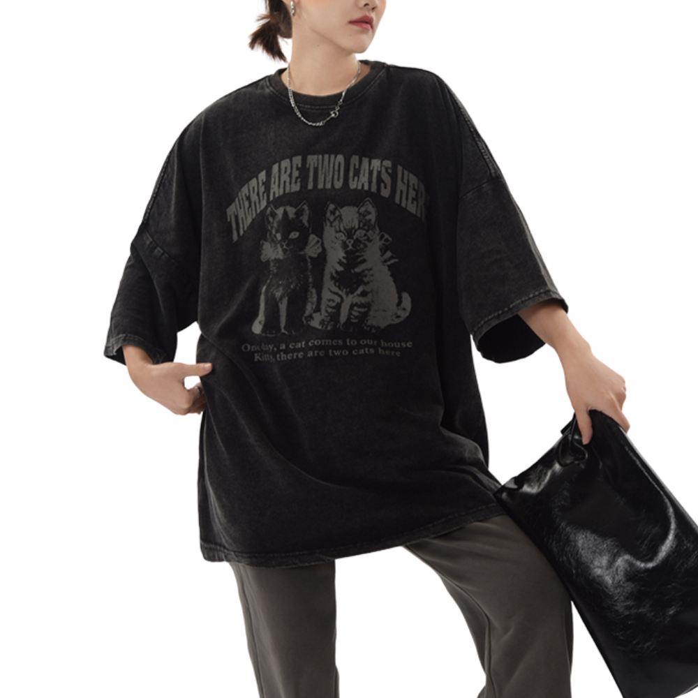 Vintage Cats Print Washed T-Shirt