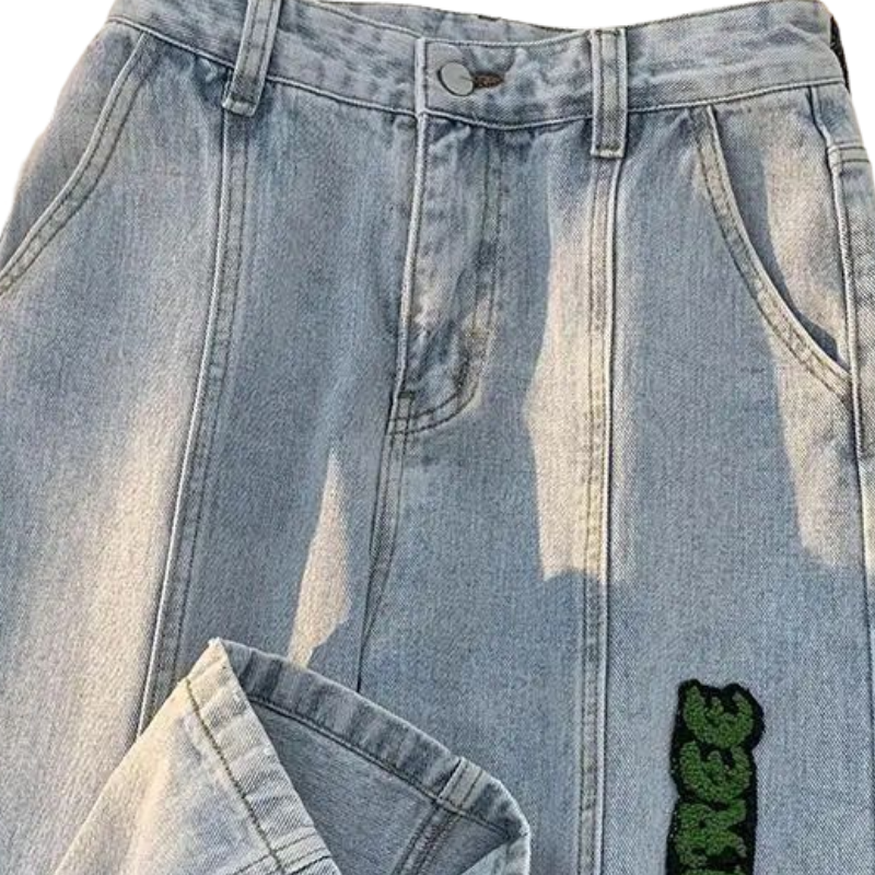 High Street Towel Embroidery Straight Leg Jeans