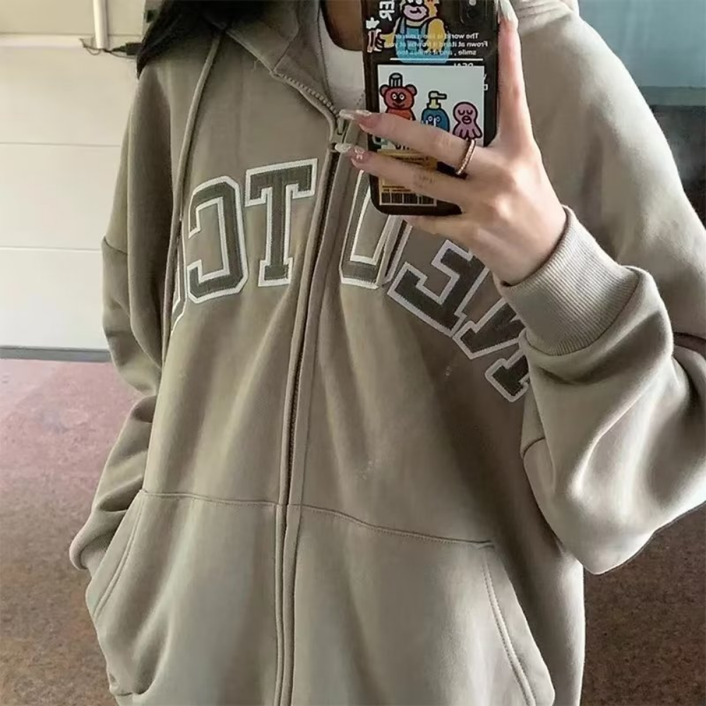 Women's Loose Solid Color Lettered Hoodie