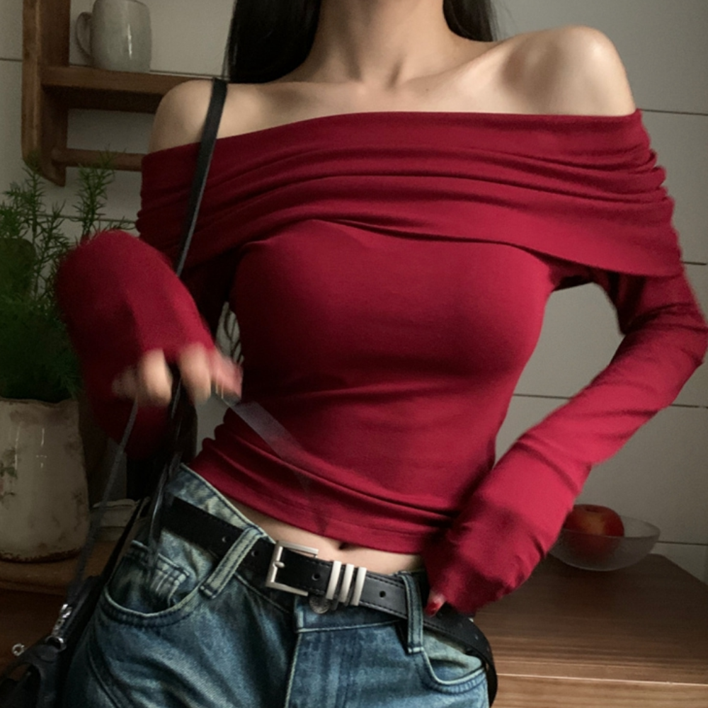 Women's Retro Red One Shoulder Long Sleeve