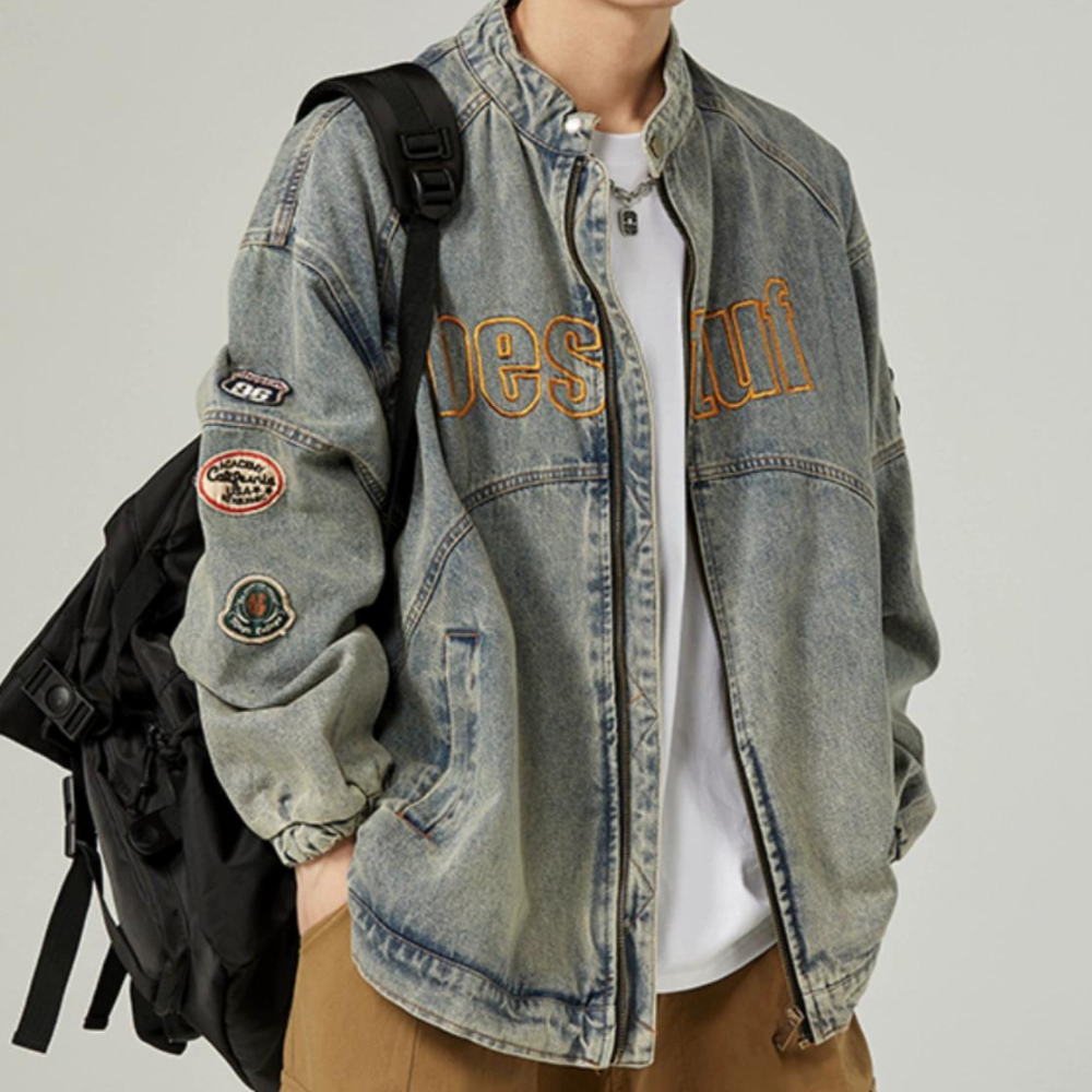 Retro Stand Collar Embroidery Denim Jacket