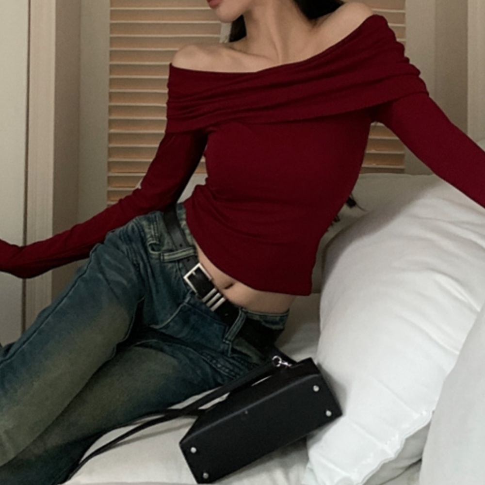 Women's Retro Red One Shoulder Long Sleeve