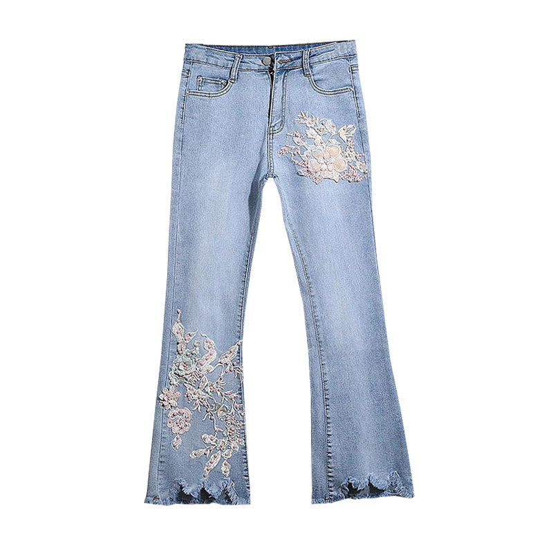 Evokyn Embroidered Cherry Blossom Flare Women Jeans