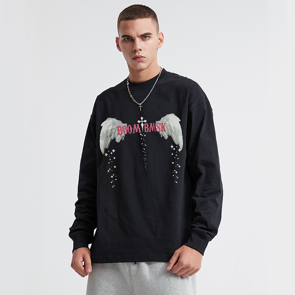 Angel Wings Ribbed Cuffs Long-Sleeve Shirt