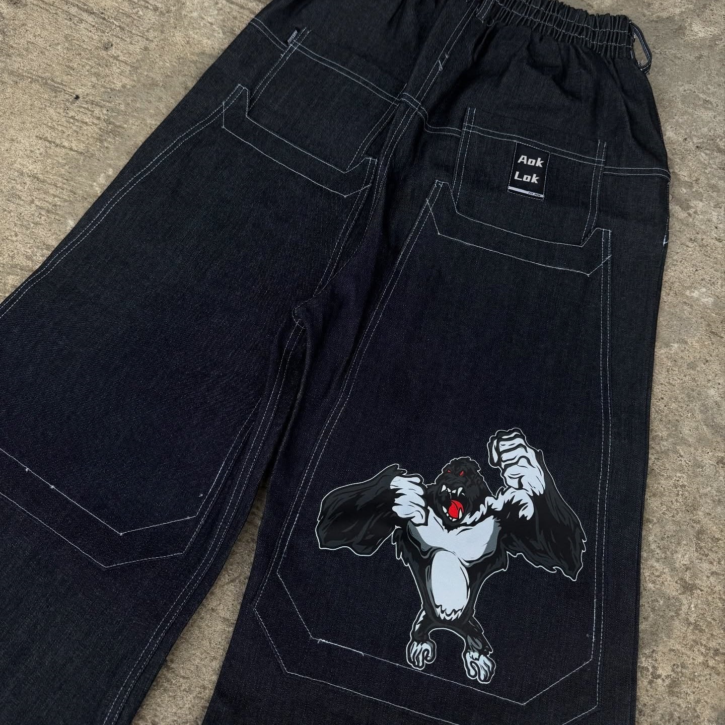 BAGGOUT Orangutan print black jeans casual wide-leg slacks