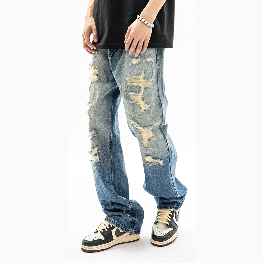 American High Street Washed Fake Hole Gradient Ripped Jeans