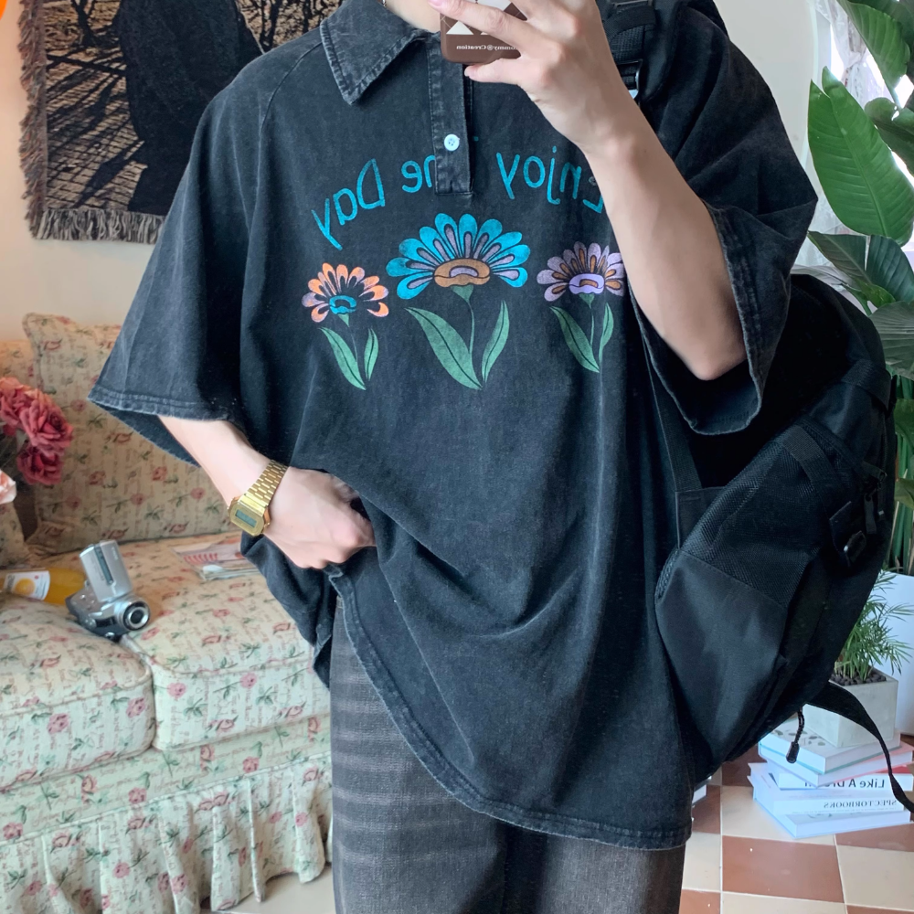 Washed Floral Lapel T-Shirt