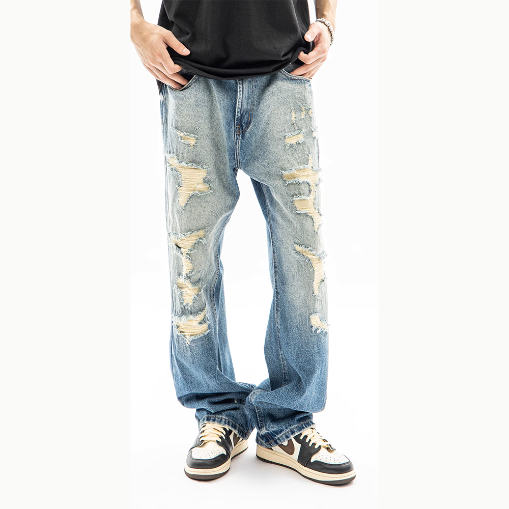 American High Street Washed Fake Hole Gradient Ripped Jeans