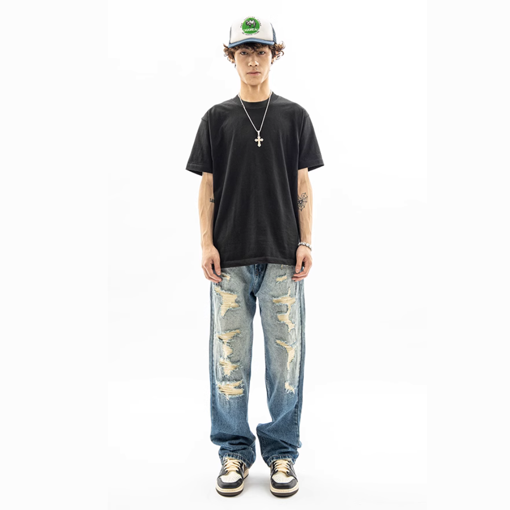 American High Street Washed Fake Hole Gradient Ripped Jeans