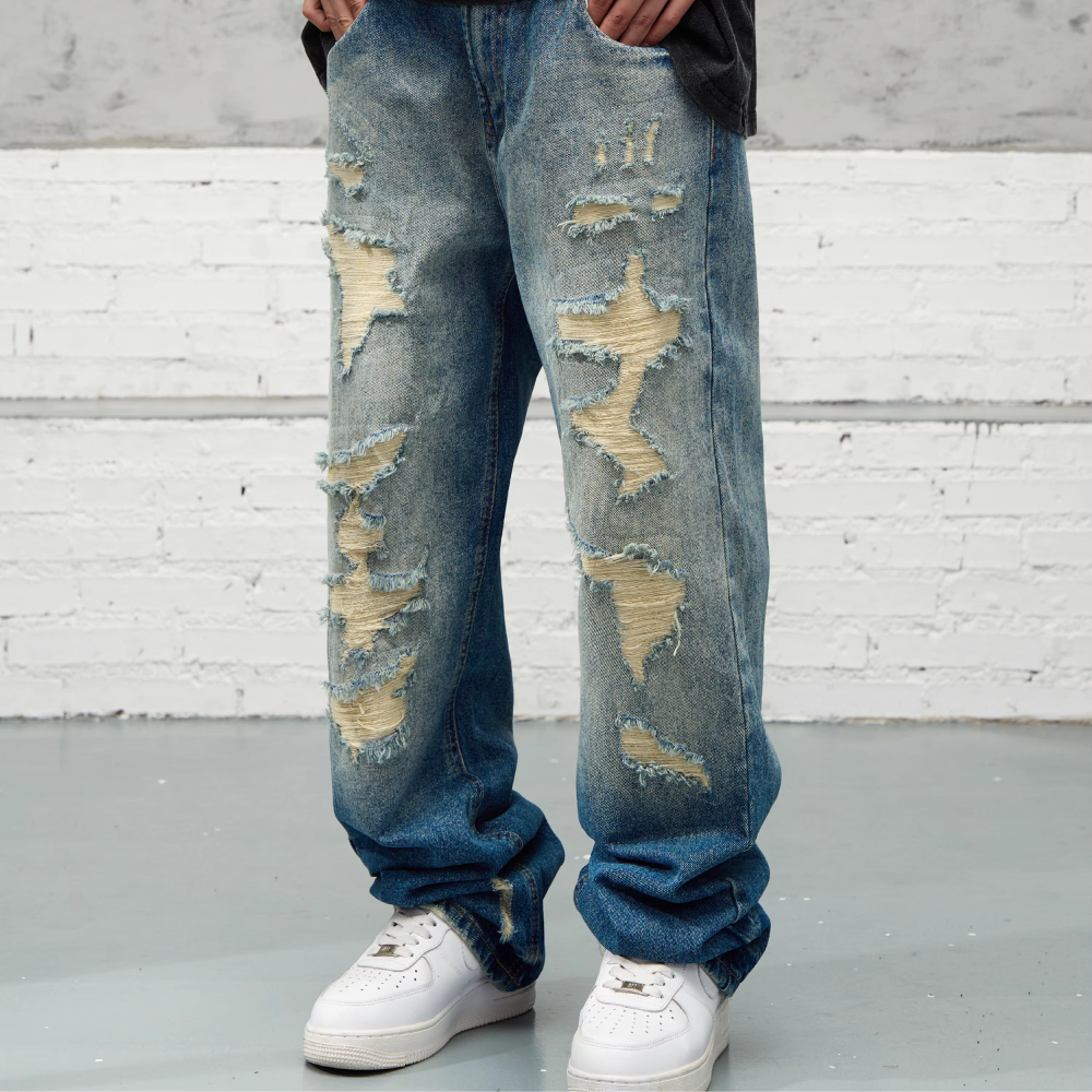 American High Street Washed Fake Hole Gradient Ripped Jeans