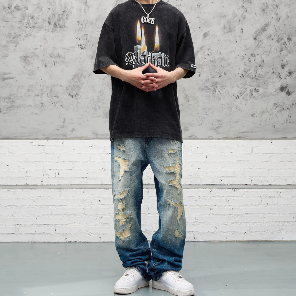 American High Street Washed Fake Hole Gradient Ripped Jeans