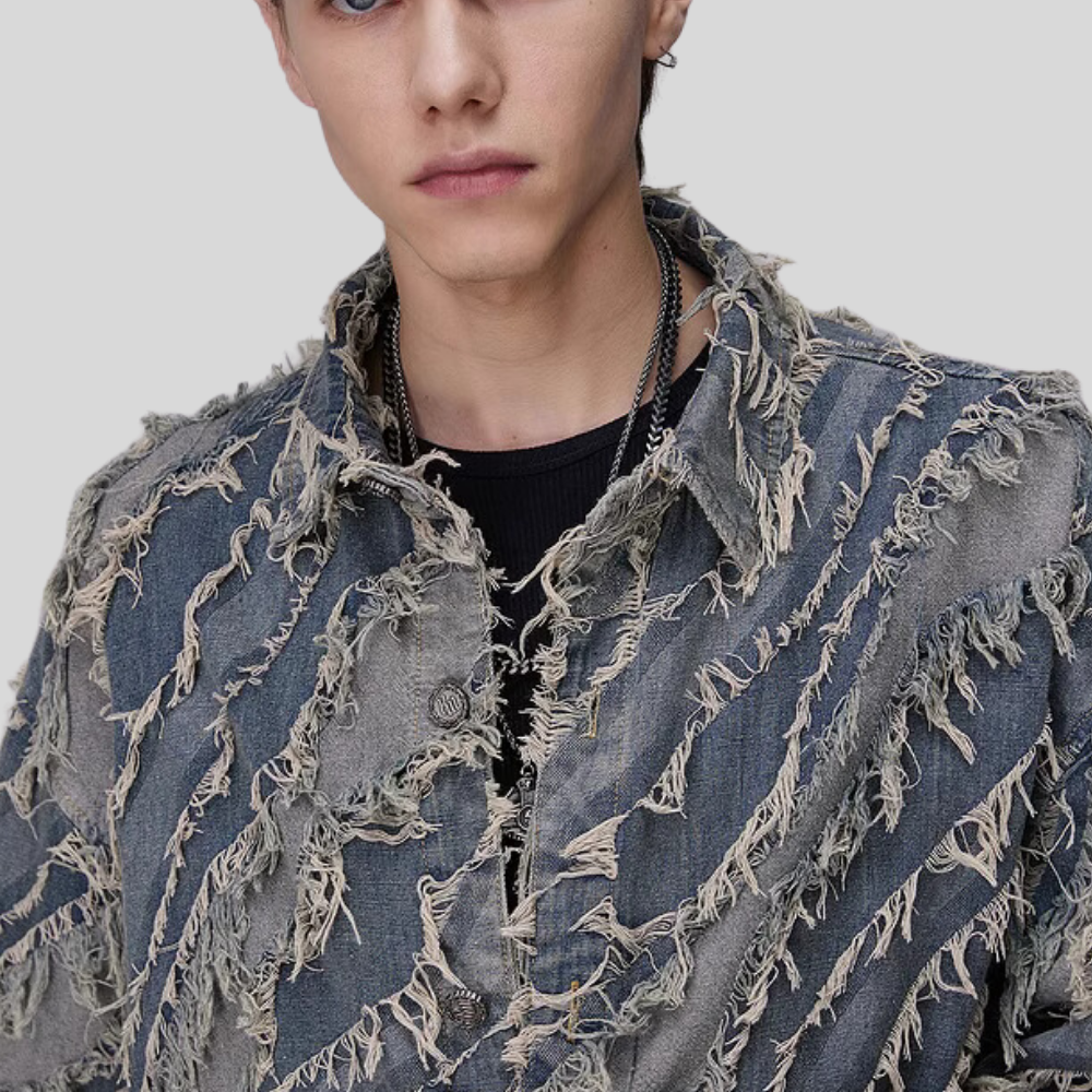 Distressed Fringed Raw Edge Denim Jacket