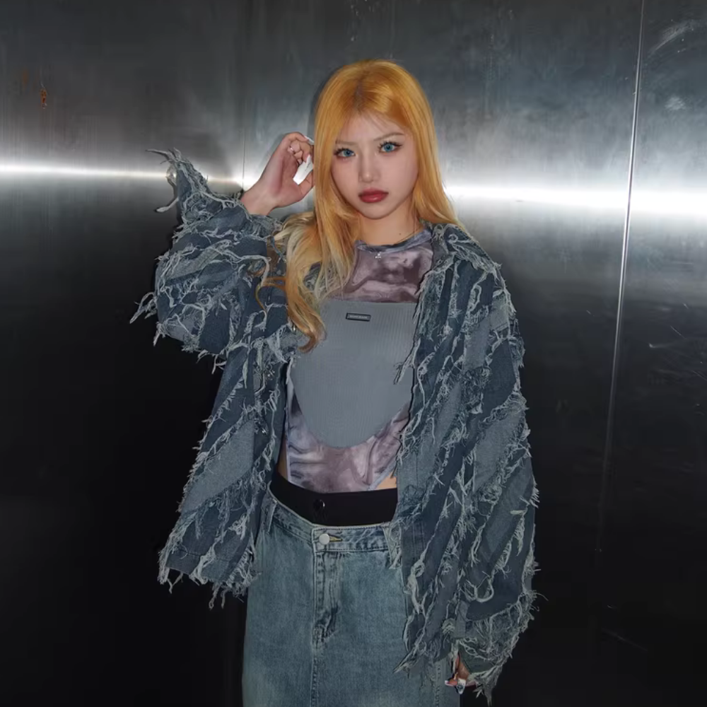 Distressed Fringed Raw Edge Denim Jacket
