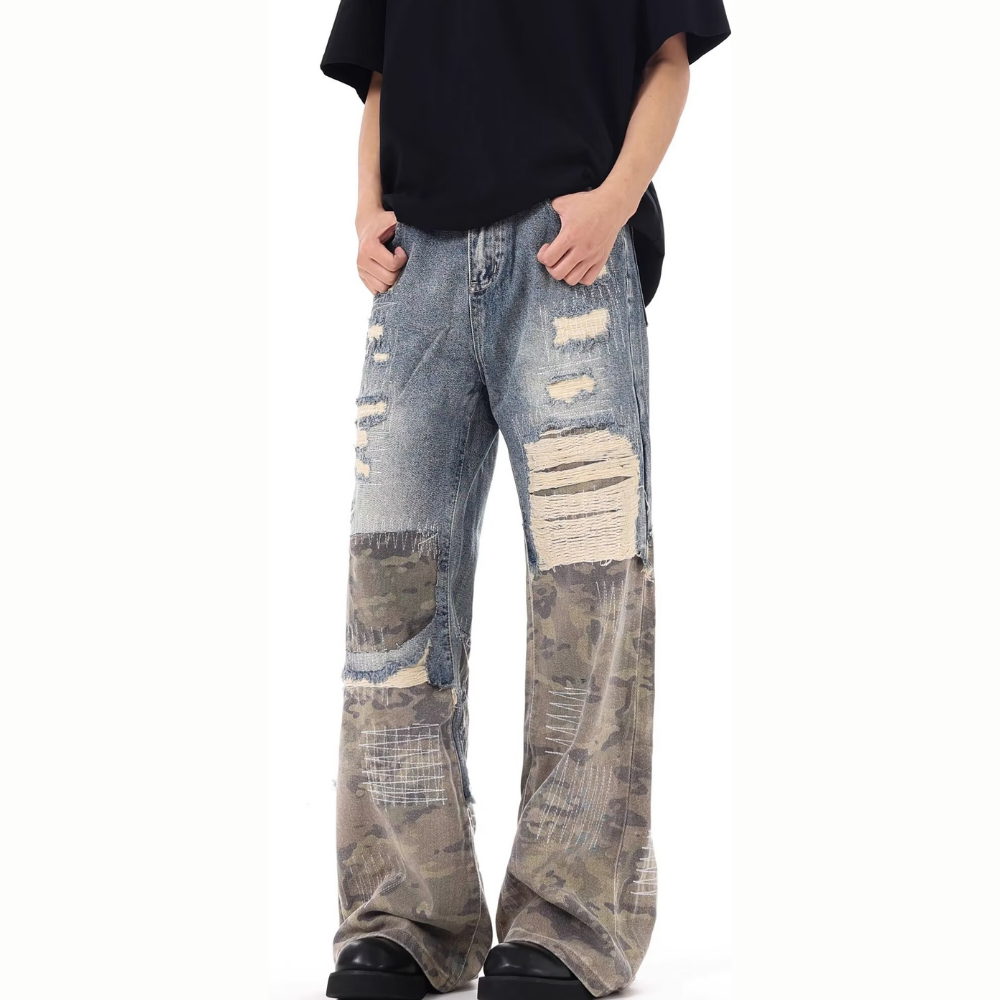 DF|Distressed Camouflage Panel Jeans