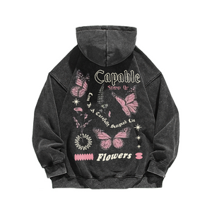 Retro Butterfly Letters Washed Hoodie