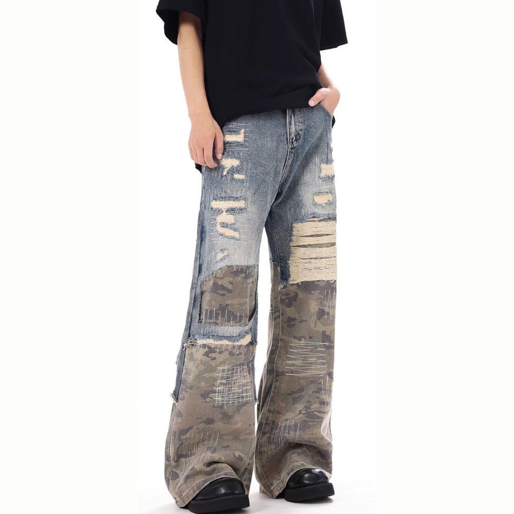 DF|Distressed Camouflage Panel Jeans