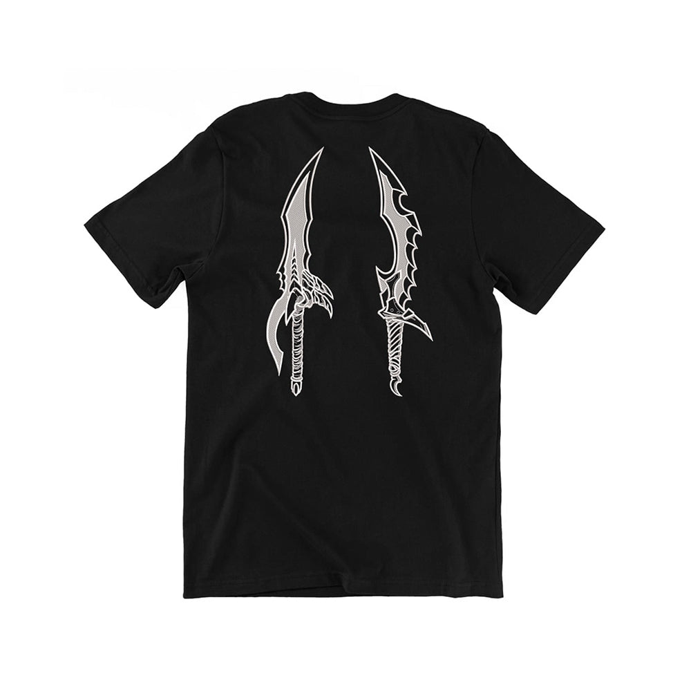 Embroidered Graphic T-Shirts with Samurai Demon Mask & Twin Blade Designs