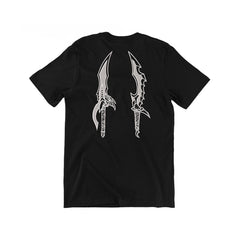 Embroidered Graphic T-Shirts with Samurai Demon Mask & Twin Blade Designs Details